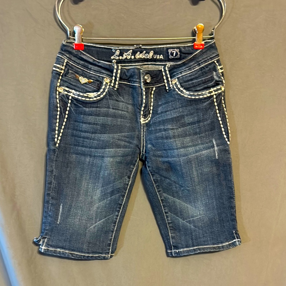 L.A. Idol Dark Blue Jean Shorts with White Stitching